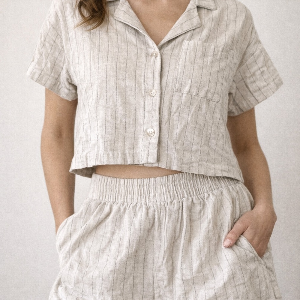 Oatmeal Striped Button Down Crop Top and Shorts Summer Set Casual Everyday Sm